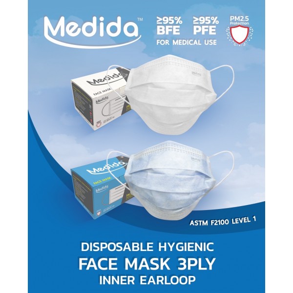 Medidaหน้ากากอนามัย 3 ชั้น ทางการแพทย์ (50ชิ้น/กล่อง) สีขาว